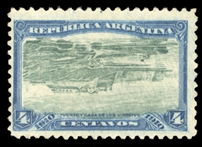 ARGENTINA (164a) 1910 4c dark blue and green, center inverted, unused without gum. v.f., signed Kneitschel, cat. value $650
