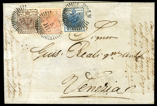 AUSTRIA 1850 3kr bright red, 6kr brown and 9kr blue, each with margins all around, tied by Wien 5 July (1851) cancels on FL to Venice, filing folds through the stamps, some ageing