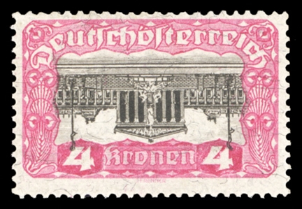 AUSTRIA (222a) 1919 Parliament Building, 4k carmine & black, Center Inverted, l.h. (if at all), v.f. (ANK 287D, €2,000) cat. value $2100