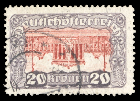 AUSTRIA (226a) 1919 Parliament Building, 20kr violet gray & lilac brown, Center Inverted, neat postmark (Wien) and well centered, excellent colors, with usual irregular perforations at bottom