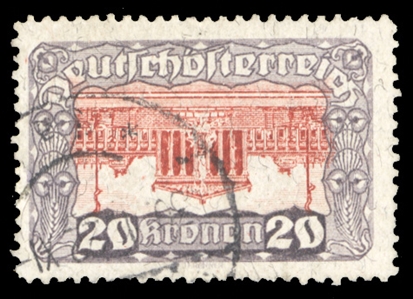 AUSTRIA (226a) 1919 Parliament Building, 20kr violet gray & lilac brown, Center Inverted, neat postmark (Wien) and well centered, excellent colors, with usual irregular perforations at bottom