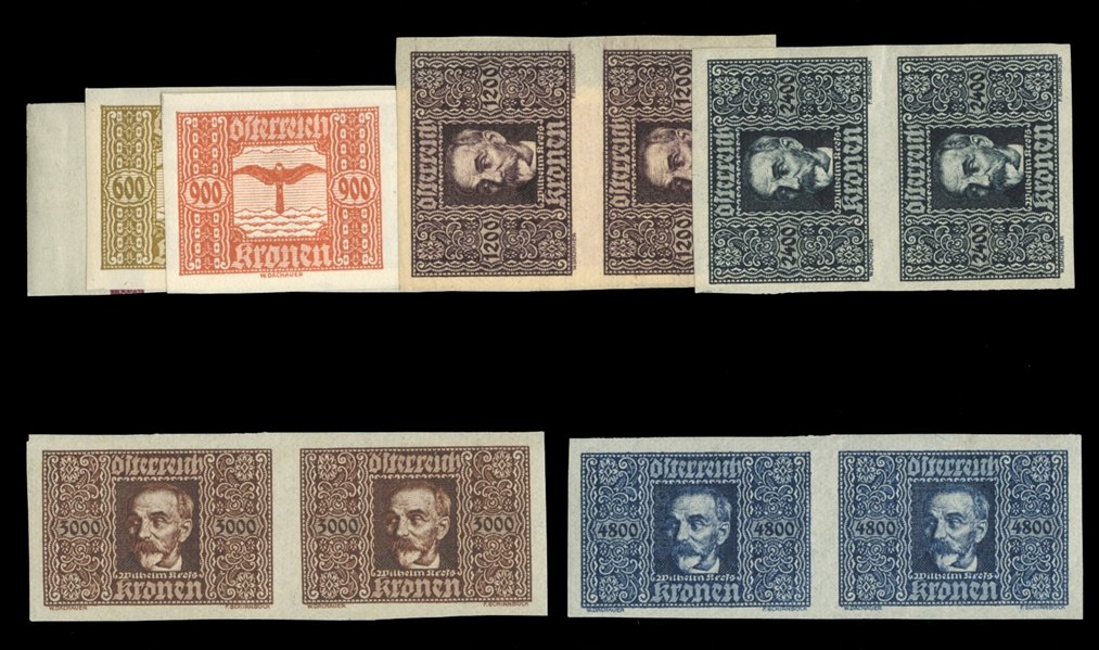 AUSTRIA  Air Post (C4-11var) 1922 Wilhelm Kress & Hawk, imperforate pairs, 1,200k and 2,400k vertical, others horizontal, n.h., v.f. (ANK €1,500) cat. value $1,100