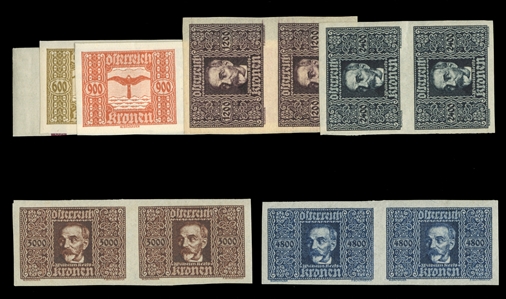 AUSTRIA  Air Post (C4-11var) 1922 Wilhelm Kress & Hawk, imperforate pairs, 1,200k and 2,400k vertical, others horizontal, n.h., v.f. (ANK €1,500) cat. value $1,100