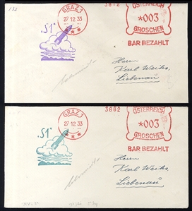 AUSTRIA  Rocket Mail 1933 S1, two specially prepared covers to Liebenau, green and violet cachets, each cancelled Graz 27 December 1933, signed by Schmiedl, v.f., with arrival & other markings on back