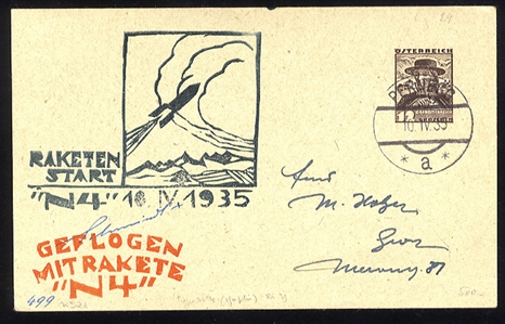 AUSTRIA  Rocket Mail 1935 (10 Apr) stationery card with red Geflogen Mit Rakete N4 and dark green cachets, v.f. 