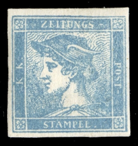 AUSTRIA Newspaper Stamps 1855 0.6kr blue, type I, ribbed paper, margins all around, l.h., v.f., with 2023 Avi certificate (Sass.6, €7,000) 