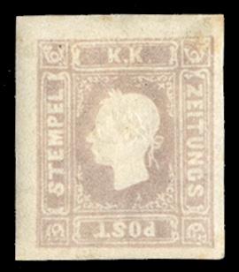 AUSTRIA Newspaper Stamps (P7var) 1861 1.05s violet gray, margins all around, l.h., v.f., signed Diena, with 2023 Avi certificate (Sass.9d, €12,000) 