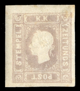 AUSTRIA Newspaper Stamps (P7var) 1861 1.05s violet gray, margins all around, l.h., v.f., signed Diena, with 2023 Avi certificate (Sass.9d, €12,000) 
