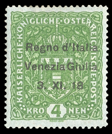 AUSTRIA Issued under Italian Occupation - Trieste (N16var) 1918 4kr green, variety No stop after "18", small h.r., v.f., Bela Szekula handstamp, etc., with 2024 Avi certificate