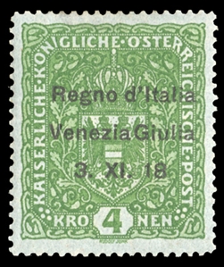 AUSTRIA Issued under Italian Occupation - Trieste (N16var) 1918 4kr green, variety No stop after 18, small h.r., v.f., Bela Szekula handstamp, etc., with 2024 Avi certificate