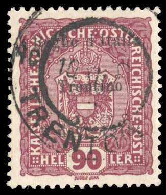 AUSTRIA Issued under Italian Occupation - Trentino (N46) 1918 90h red violet, used, v.f., with 2024 Avi certificate, rare stamp (Sass.14, Euro 7,500), cat. value $3,100