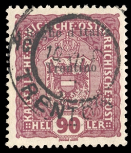 AUSTRIA Issued under Italian Occupation - Trentino (N46) 1918 90h red violet, used, v.f., with 2024 Avi certificate, rare stamp (Sass.14, Euro 7,500), cat. value $3,100
