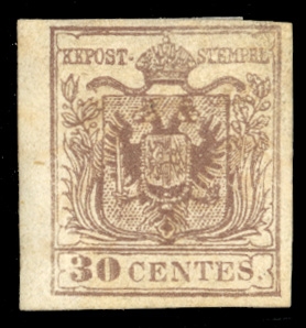 AUSTRIA Lombardy Venetia (5b) 1854 30c brown, type II, Machine-made paper, clear to large margins, part original gum (heavy h.r.), fine, with 2023 Avi certificate (Sass. 21a) €18,000