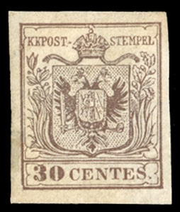 AUSTRIA Lombardy Venetia (5e) 1854 30c brown, type I, Hand-made paper, large margins all around, l.h., v.f., with 2023 Avi certificate (Sass. 7b) €20,000