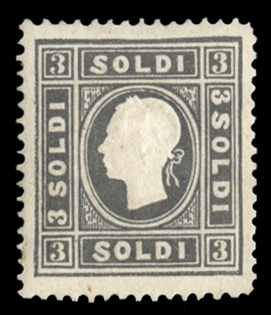AUSTRIA Lombardy Venetia (8a) 1858 3s black, type I, l.h., well centered, v.f., signed Diena, with 2023 Avi certificate (Sass.24) €15,000