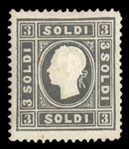 AUSTRIA Lombardy Venetia (8a) 1858 3s black, type I, l.h., well centered, v.f., signed Diena, with 2023 Avi certificate (Sass.24) €15,000