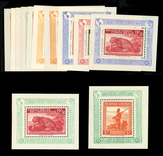 BELGIAN CONGO (193/219var) 1950 UPU, 50c-5r, set of twelve specially prepared miniature sheets, including four from Ruanda-Urundi, mostly n.h., v.f., scarce (COB Bloc 3a-10a, €3,250) 