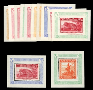 BELGIAN CONGO (COB Bloc 3a-10a) 1950 UPU, 50c-5r, set of twelve specially prepared miniature sheets, including four from Ruanda-Urundi, n.h., v.f., €3,250)