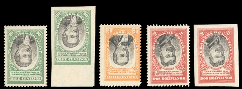 BOLIVIA (85-86,89var) 1909 Portraits, 10c, 20c and 2b, centers inverted, also 10c and 2b plate proofs with centers inverted, l.h. or h.r., fine-v.f. group