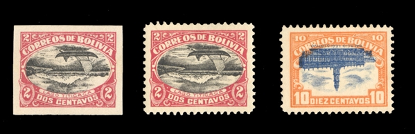 BOLIVIA (113c-d,116c) 1916 2c carmine and black, center inverted, perf. and imperf., the former h.r., the latter without gum, and 10c orange & black, center inverted, h.r., fine-v.f., cat. value $600