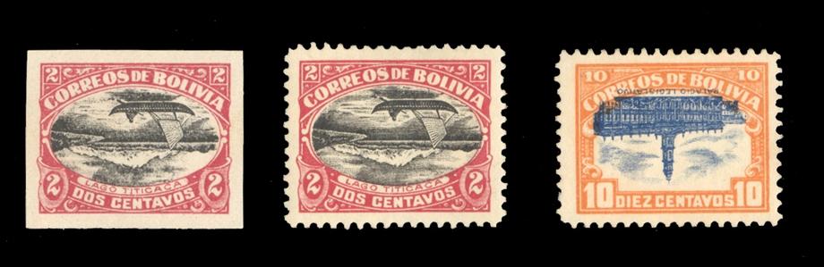 BOLIVIA (113c-d,116c) 1916 2c carmine and black, center inverted, perf. and imperf., the former h.r., the latter without gum, and 10c orange & black, center inverted, h.r., fine-v.f., cat. value $600