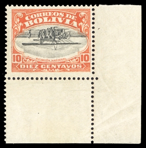BOLIVIA Air Post(C1a) 1924 10c vermilion & black, center inverted, lower right sheet corner single, hinged in margin only, stamp n.h., fine, signed Sanabria, with  2008 Scheller certificate