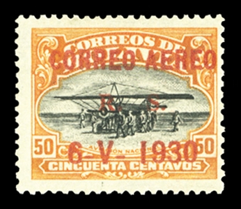 BOLIVIA Air Post (C17) 1930 50c orange and black, red overprint, h.r., fresh and fine, signed Elliot, Alex Rendon, etc.  A rare stamp, only 50 issued, cat. value $1,000