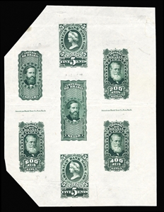 BRAZIL Revenue Stamps 1878 Dom Pedro Imperio do Brazil 200r, 400r and 600r, also two non-denominated values, composite American Bank Note Company proof sheetlet (on thin india paper)
