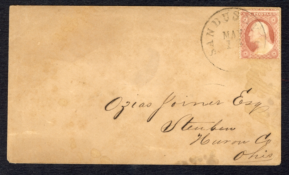 1857-61 Issue (25A) 1857 3c rose, Type II, pos.23L5L, claret shade, tied by Sandusky May 13 cds on cover addressed to Ohio