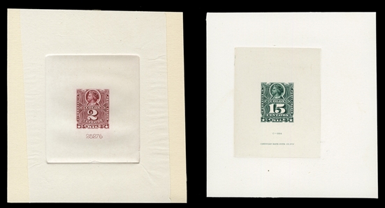 CHILE (26,30P) 1878-99 Columbus, 2c rose and 15c green, die proofs in issued colors, die sunk on reduced cards, fresh and v.f. 