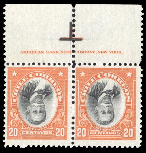 CHILE (105a) 1911 20c orange red and black, center inverted, bottom margin horizontal pair, unused without gum, with 2008 APS certificate, cat. value $250