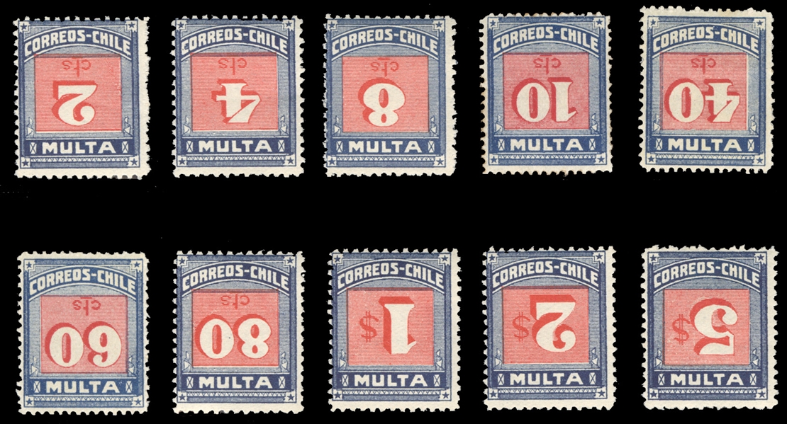 CHILE Postage Dues(J48/58var) 1924 2c-5p, centers inverted, ten different (without 2c), mostly hinged, few with disturbed gum, fine-v.f. 