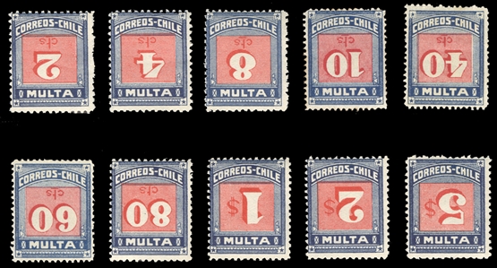 CHILE Postage Dues(J48/58var) 1924 2c-5p, centers inverted, ten different (without 2c), mostly hinged, few with disturbed gum, fine-v.f. 