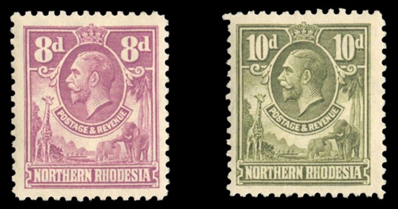 British Commonwealth Northern Rhodesia 45878 $18+ (for hinged) 1925 8p and 10, never hinged, pencil notations on gum