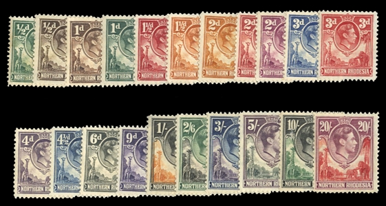 British Commonwealth Northern Rhodesia 25-45 $156.85 (for hinged) 1938-52 George VI, complete set, some light gum adhesions