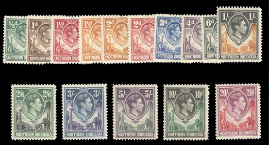 British Commonwealth Northern Rhodesia 25/45 $275 (for complete set) 1938-41 George VI, complete set for the time period (without 1952), one low value hinged, balance never hinged
