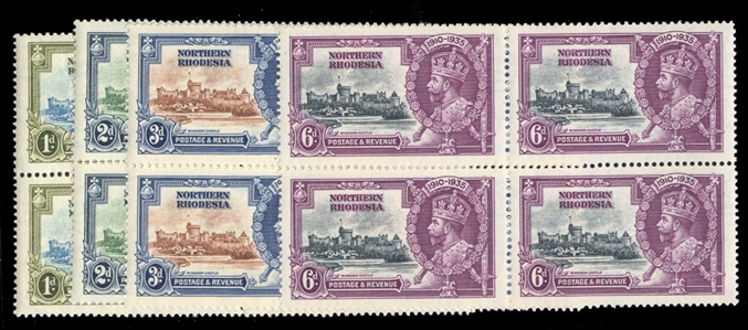 British Commonwealth Northern Rhodesia 18-21 $104+ (as never hinged singles) 1935 Silver Jubilee, set of four in blocks of four, never hinged