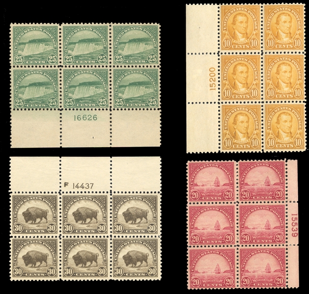 1917-29 Issues (562,567-569) 1922 10c orange (left), 20c carmine rose (right), 25c yellow green (bottom) and 30c olive brown (top), plate blocks of six, last one hinged, others n.h
