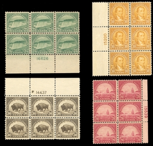 1917-29 Issues (562,567-569) 1922 10c orange (left), 20c carmine rose (right), 25c yellow green (bottom) and 30c olive brown (top), plate blocks of six, last one hinged, others n.h