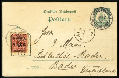 CHINA 1897 1c Red Revenue surcharge, tied by a tombstone pmk on 5pf Kiauchau postal card, used 3.7.1903 and sent from Kiauchau to Germany, minor wrinkles