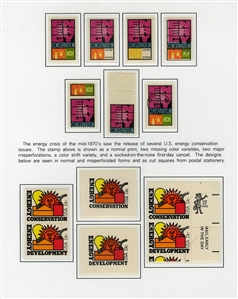 Modern Issues (1547b,c) 1974 10c Energy Conservation, green omitted and orange and green omitted varieties, also three additional stamps showing dramatic shifts including 10c at top