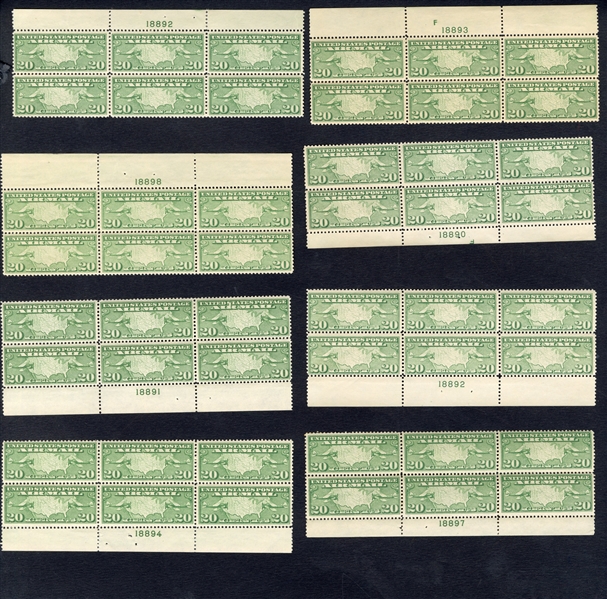Air Post (C7-9) 1926-27 Maps, 10c green (12), 15c olive brown (9), 20c yellow green (8), Plate Blocks of six, each a different position and Plate No., n.h. (couple of hinged or separeted not counted)