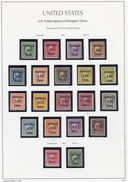 United States Postal Agency in Shanghai, China  (K1-18) 1919-21 2c-$2 Shanghai overprints, complete set of 18, plus shades of 16c on 8c and 24c on 12c, three stamps l.h., others n.h.