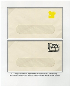 Postal Stationery (U584a,c,d) 1977 13c Energy Development, four unused window envelopes, three showing the various missing colors, unused, v.f., cat. value $685
