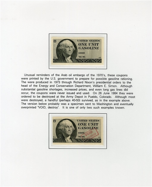 Revenue Stamps 1973 "One Unit Gasoline" coupon, two copies, one handstamped "Void Destroy", mounted and written-up on exhibit page, apparently very rare 
