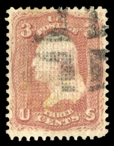 1867 Grill Issue (83) 1867 3c rose, C.Grill, Cross Roads cancel, well centered for this, vertical crease at right, fine appearance, with 1996 PFC, cat. value$1,150