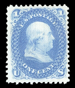 1867 Grill Issue (86) 1867 1c blue, E.Grill, n.h., beautiful fresh color on bright paper, well defined grill, fine and rare never hinged stamp. ex-Laila (Siegel Auctions, Apr 2009, $4,000 hammer)