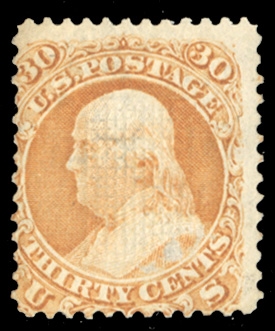 1867 Grill Issue (100) 1867 30c orange, F.Grill, unused without gum, nice color, a sound copy, with 2024 Crowe certificate, cat. value $4,500