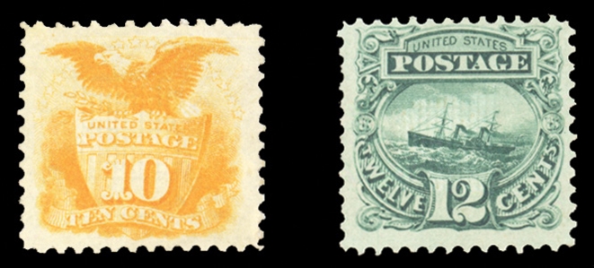 1869 Pictorials (116-117) 1869 10c yellow, 12c green, unused (regummed), brilliant colors, fresh, the former reperforated at bottom, fine-v.f. (catalogued as unused without gum), cat. value $1,475
