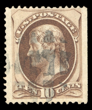 1870-71 Issue (139A) 1870 10c brown, I.Grill, used, natural straight edge at right, small thin, otherwise fine, with 2024 Crowe certificate, cat. value $10,000